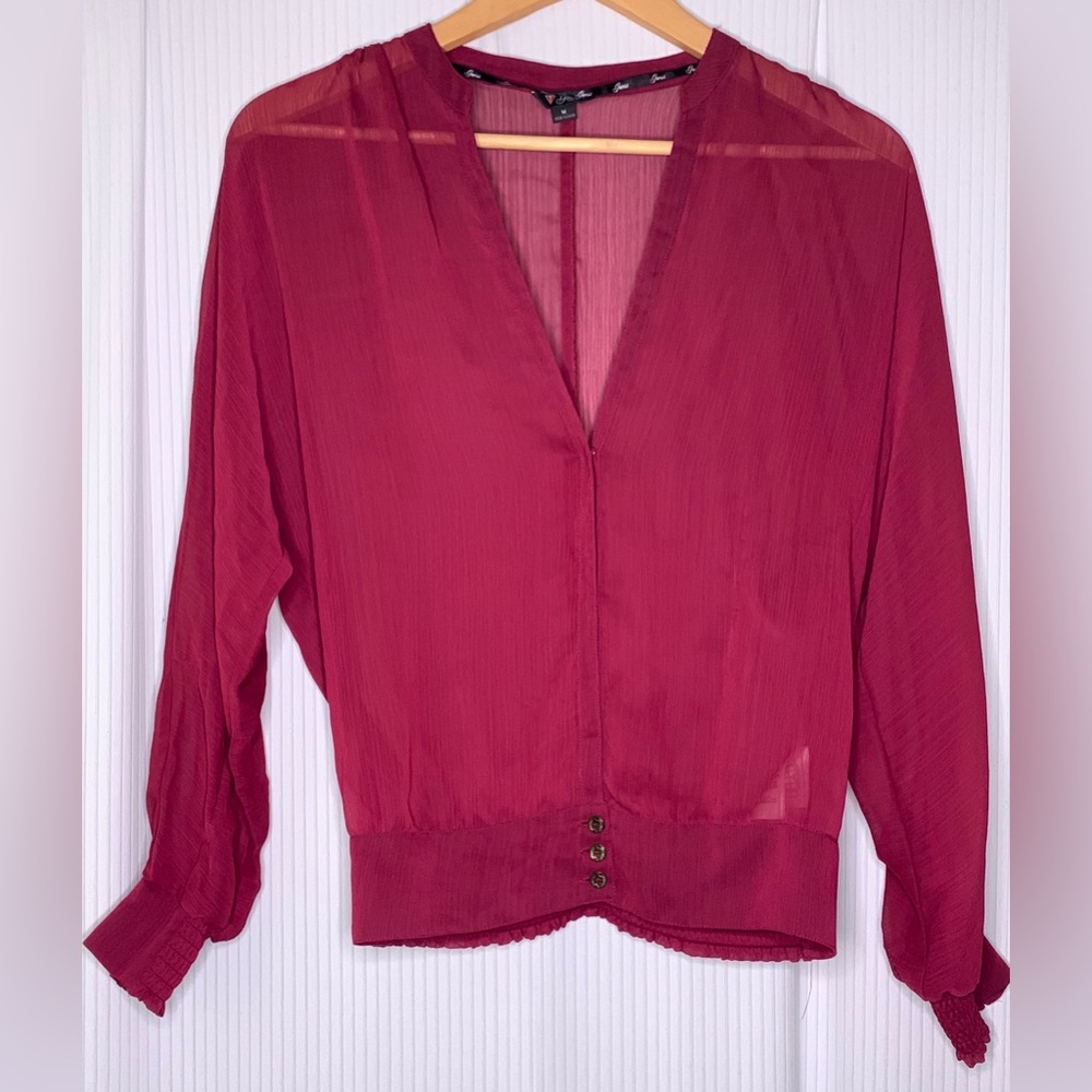 Guess - Maroon Sheer Long Sleeve Vneck Blouse - Medium